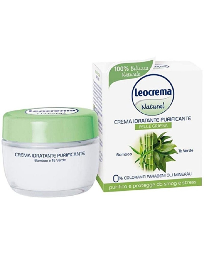 Leocrema Natural Crema Viso Idratante Purificante Bamboo e Tè Verde Per Pelle Grassa o Impura 50ml